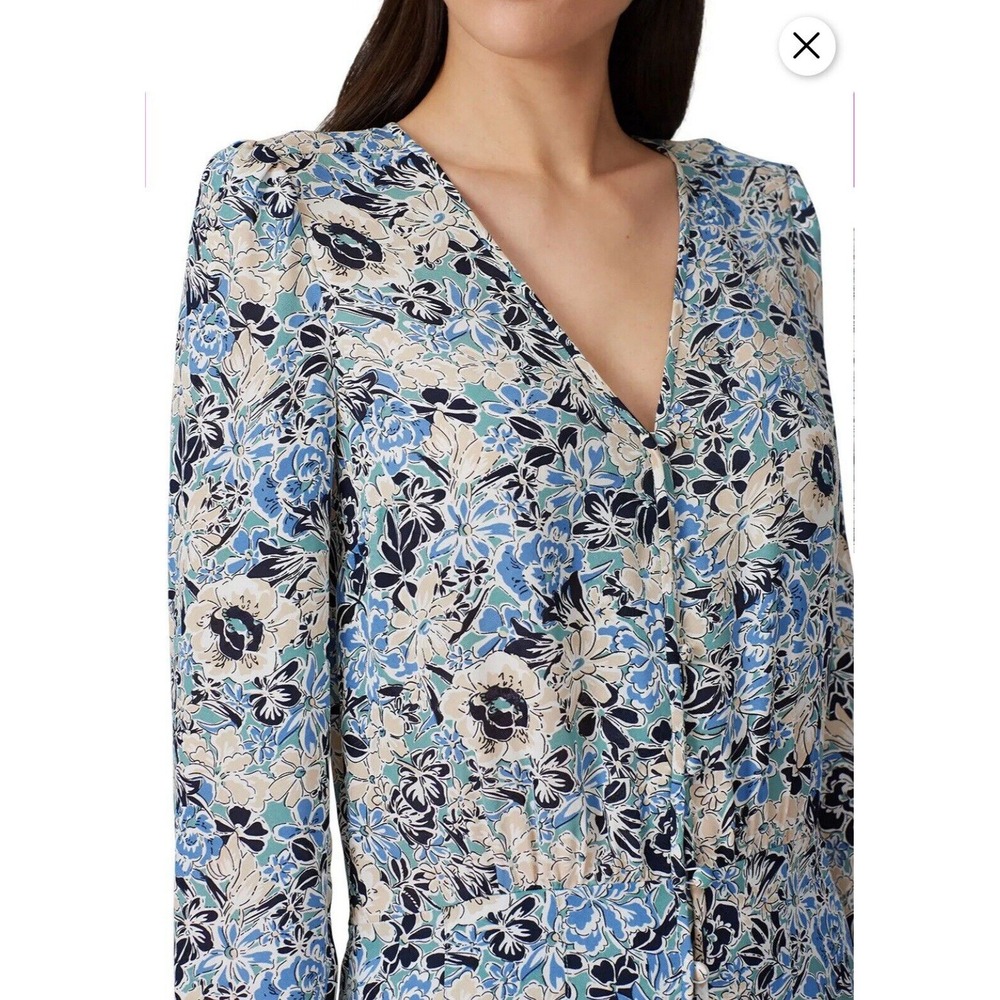 Veronica Beard 14 Riggins Dress Mini Shift Blue Silk Floral V Neck Long Sleeves - Picture 2 of 10
